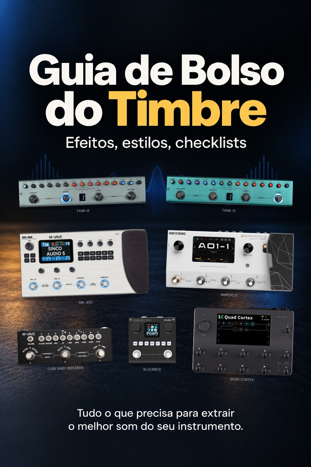Capa do Guia de Bolso do Timbre, com equipamentos musicais e o subtítulo Efeitos, estilos, checklists