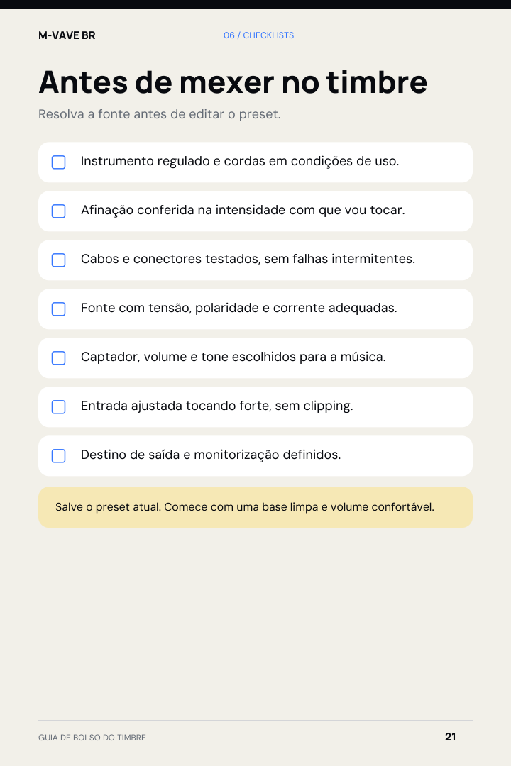 Página 21 do guia com checklist antes de mexer no timbre