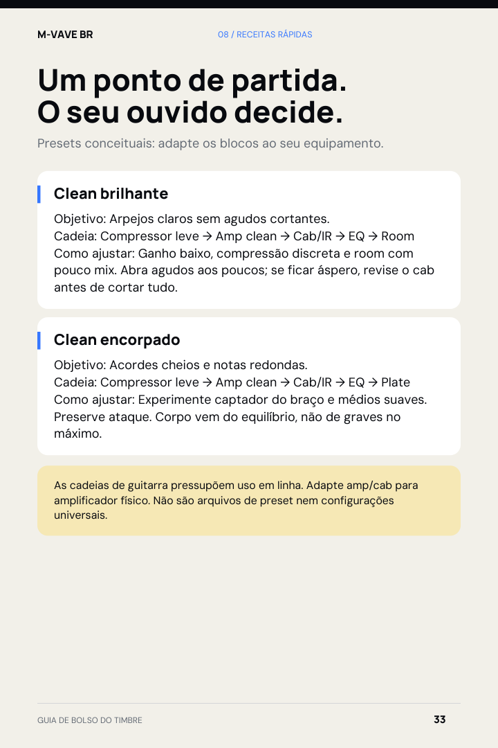 Página 33 do guia com receitas conceituais para timbres clean